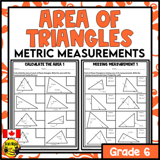 Area of Triangles in Metric Units Math Worksheets | Paper