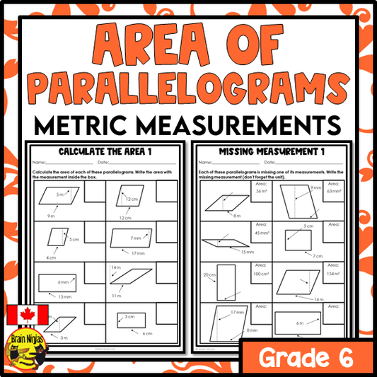 Area of Parallelograms in Metric Units Math Worksheets | Paper