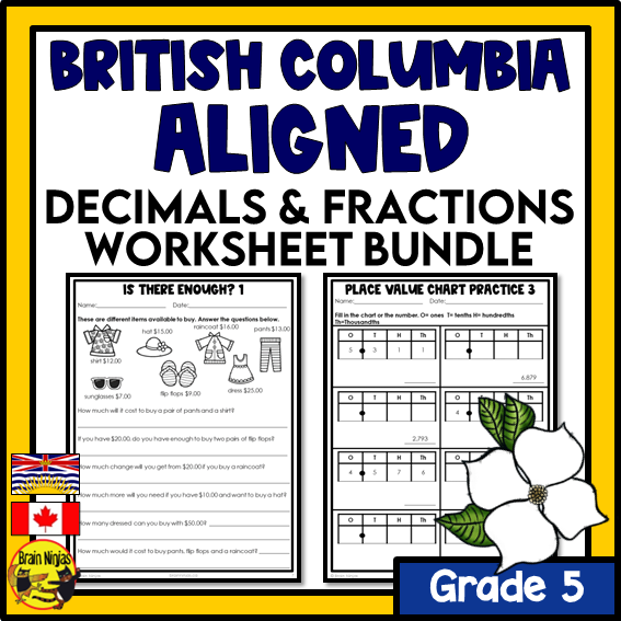 British Columbia Aligned Decimals and Fractions Math Worksheets Bundle | Paper | Grade 5