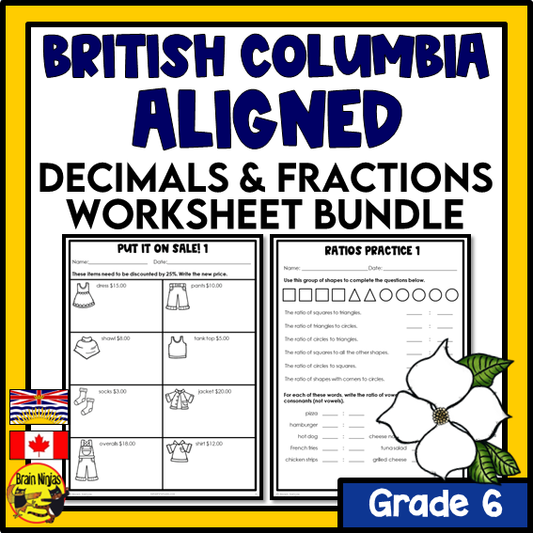 British Columbia Aligned Decimals and Fractions Math Worksheets Bundle | Paper | Grade 6
