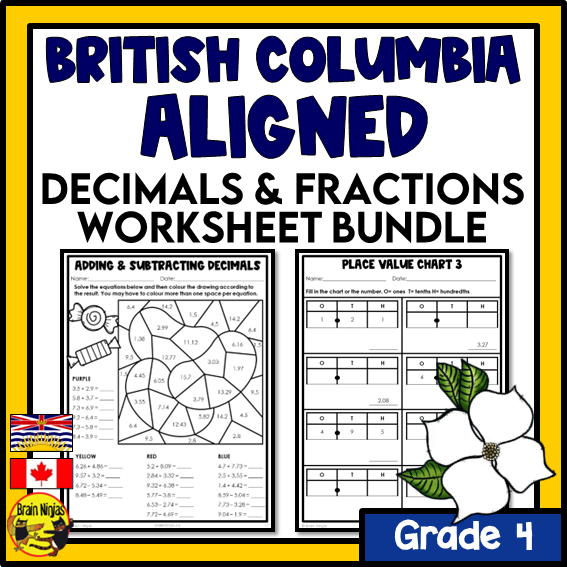 British Columbia Aligned Decimals and Fractions Math Worksheets Bundle | Paper | Grade 4