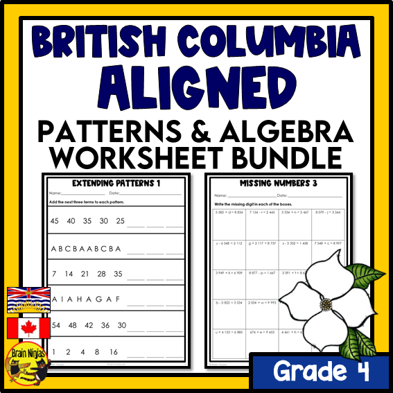 British Columbia Aligned Patterns and Algebra Math Worksheets Bundle | Paper | Grade 4