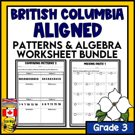 British Columbia Aligned Patterns and Algebra Math Worksheets Bundle | Paper | Grade 3