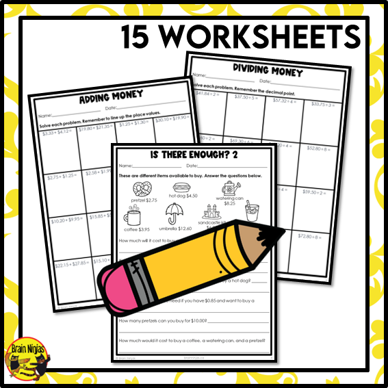 Money Computations for All Operations Math Worksheets | Paper