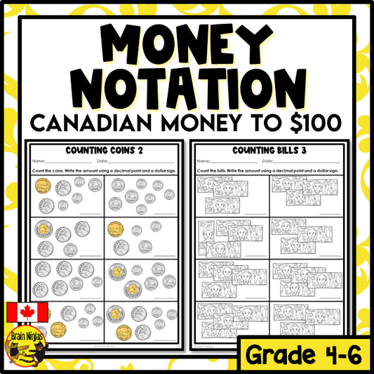 Counting and Recording Canadian Money to $100 Math Worksheets | Paper