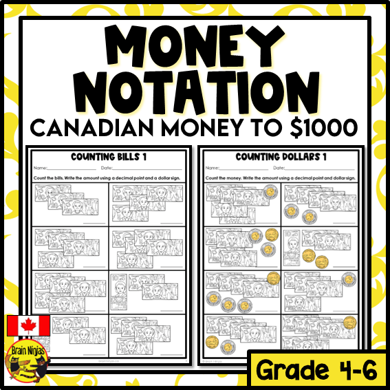 Counting and Recording Canadian Money to $1000 Math Worksheets | Paper