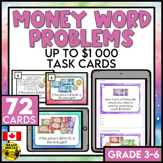 Canadian Money Word Problems Task Cards | Paper and Digital