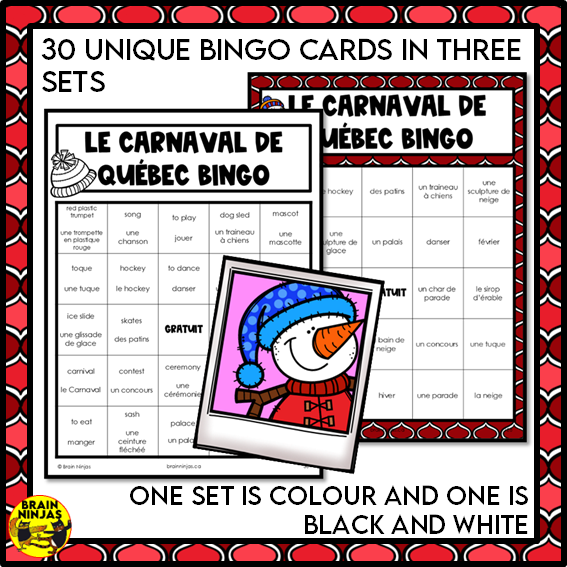 French Bingo Le Carnaval de Québec Vocabulary | Paper