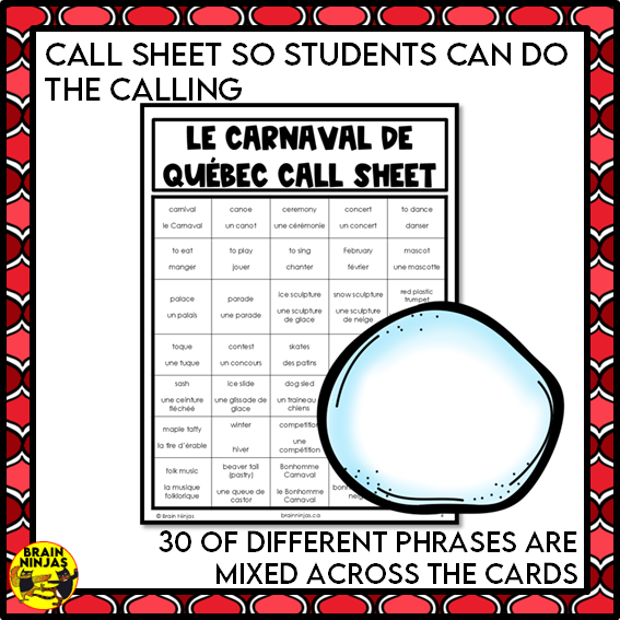 French Bingo Le Carnaval de Québec Vocabulary | Paper