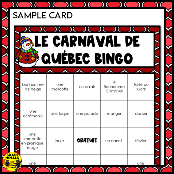 French Bingo Le Carnaval de Québec Vocabulary | Paper