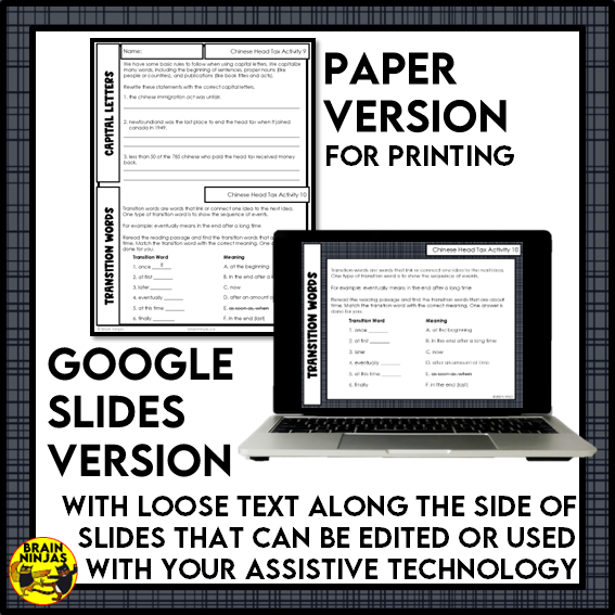 Chinese Head Tax Reading Comprehension Activities | Paper and Digital