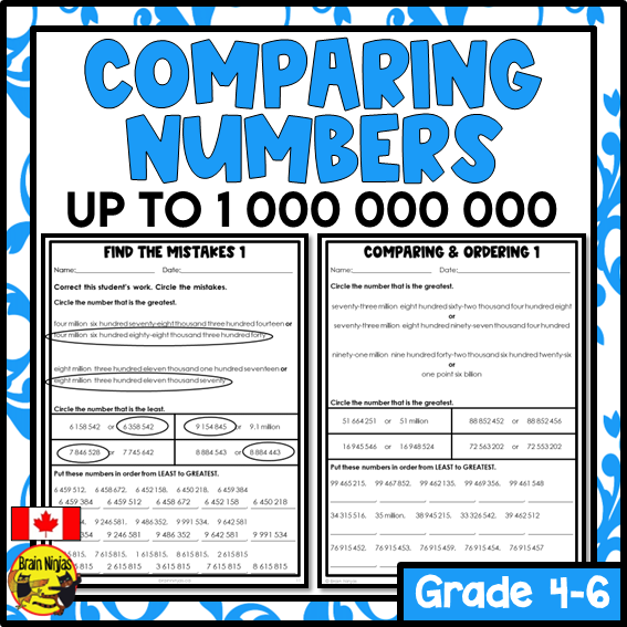 Comparing and Ordering Numbers to 1 000 000 000 Math Worksheets | Paper | Grade 6