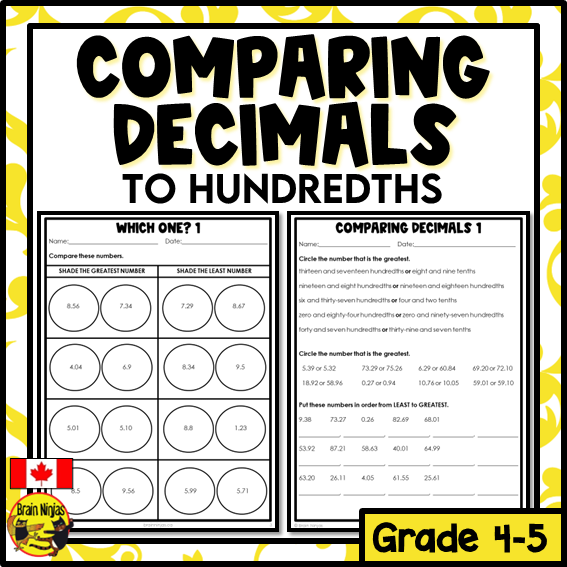 Comparing and Ordering Decimals to Hundredths Math Worksheets | Paper