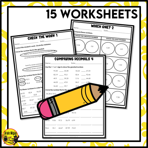 Comparing and Ordering Decimals to Hundredths Math Worksheets | Paper