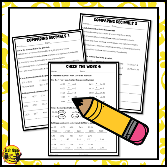Comparing and Ordering Decimals to Hundredths Math Worksheets | Paper