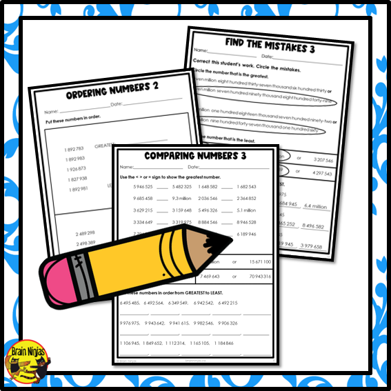 Comparing and Ordering Numbers to 10 000 000 Math Worksheets | Paper | Grade 5 Grade 6
