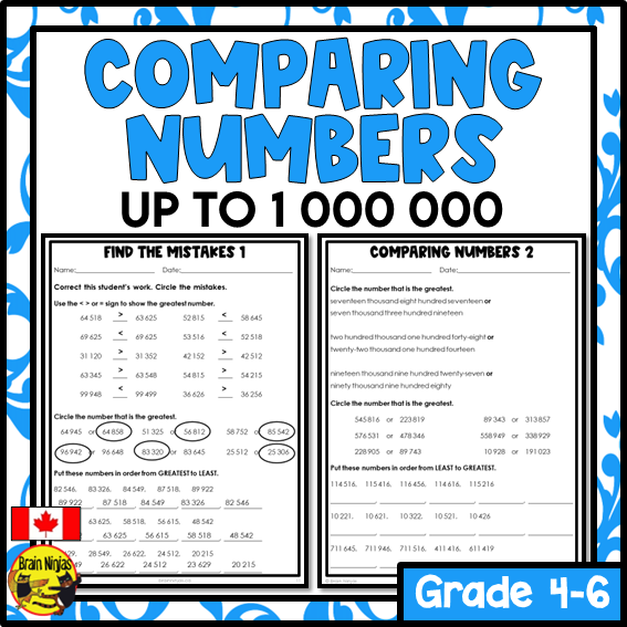 Comparing and Ordering Numbers to 1 000 000 Math Worksheets | Paper