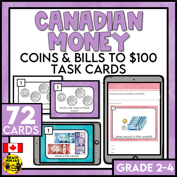 Counting Canadian Money to $100 Math Task Cards | Paper and Digital