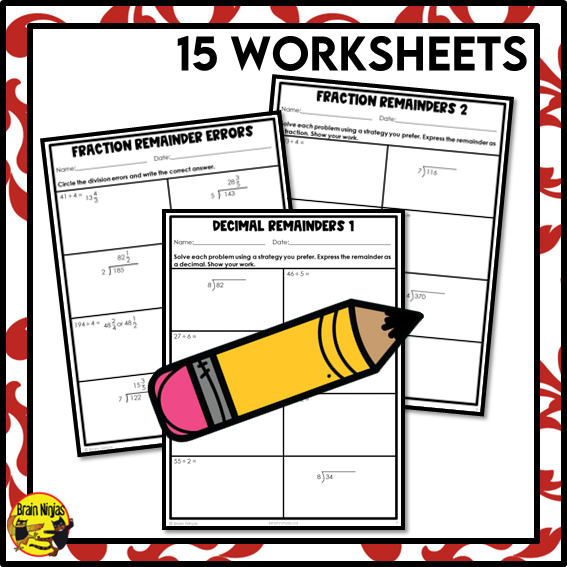 Division Math Worksheets | 2 or 3 by 1 Digit With Fraction or Decimal Remainders | Paper