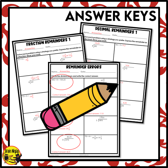 Division Math Worksheets | 2 or 3 by 1 Digit With Fraction or Decimal Remainders | Paper
