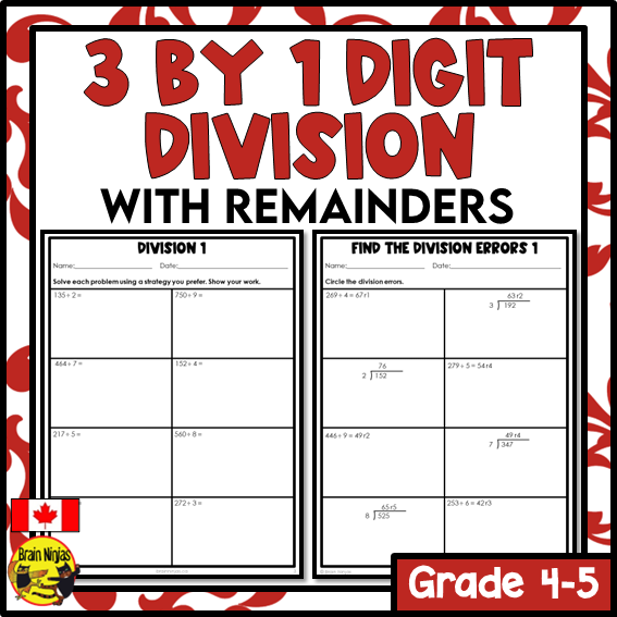 Division Math Worksheets | 3 by 1 Digit With Whole Number Remainders | Paper