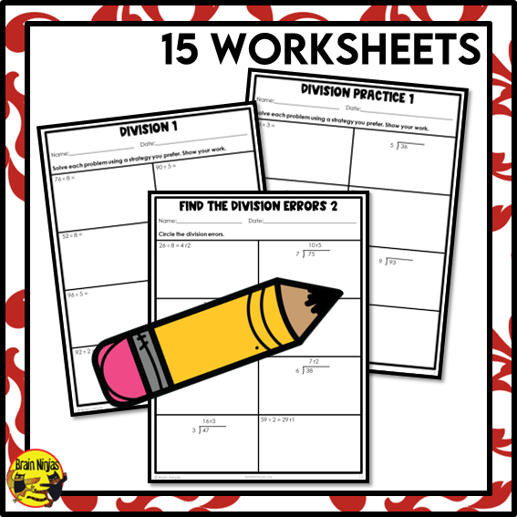 Division Math Worksheets | 2 by 1 Digit With Whole Number Remainders | Paper