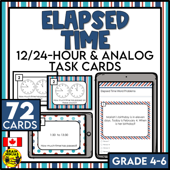 Elapsed Time Reading Clocks and Word Problems Task Cards | Paper and Digital