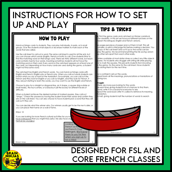 French Bingo Le Festival du Voyageur Vocabulary | Paper