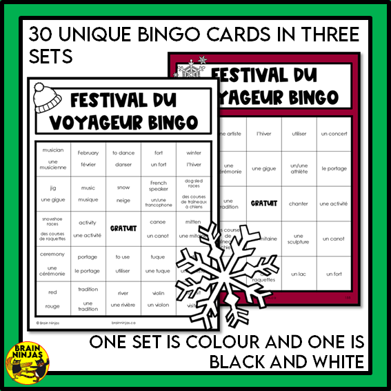 French Bingo Le Festival du Voyageur Vocabulary | Paper