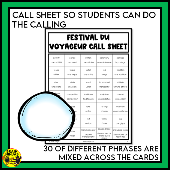 French Bingo Le Festival du Voyageur Vocabulary | Paper