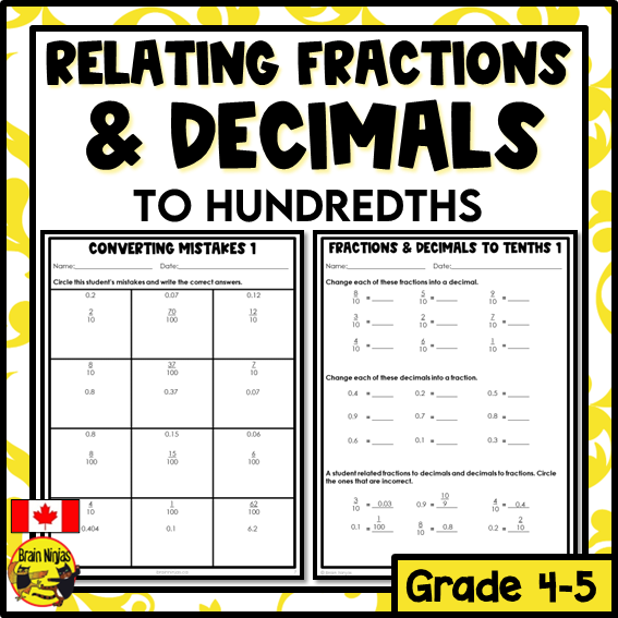 Relating Fractions and Decimals to Hundredths Math Worksheets | Paper