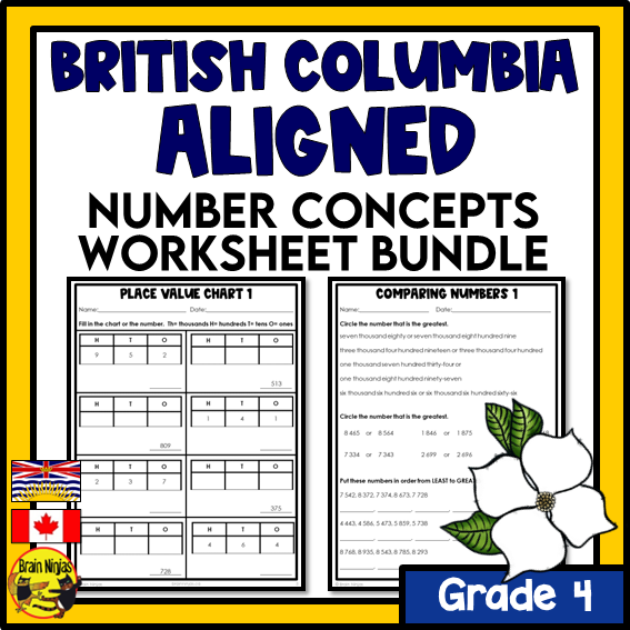 British Columbia Aligned Number Math Worksheets Bundle | Paper | Grade 4