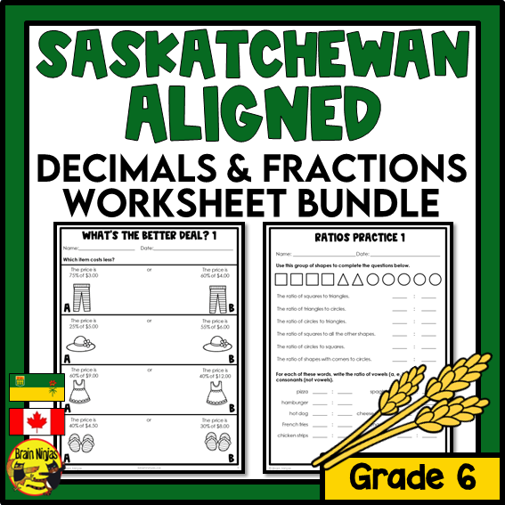 Saskatchewan Aligned Decimals and Fractions Math Worksheets Bundle | Paper | Grade 6