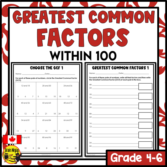 Greatest Common Factors within 100 Math Worksheets | Paper | Grade 4