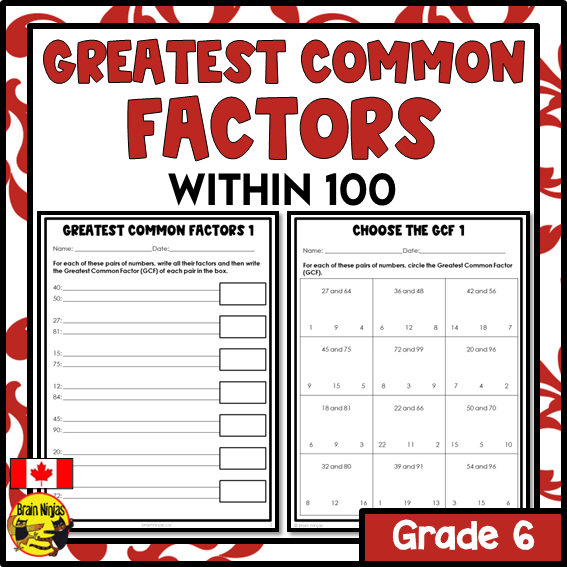 Greatest Common Factors within 100 Math Worksheets | Paper | Grade 6