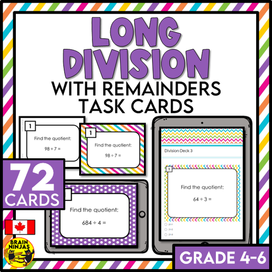 Long Division With and Without Remainders Math Task Cards | Paper and Digital