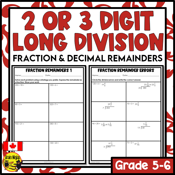Division Math Worksheets | 2/3 digits by 1/2 Digits With Fraction or Decimal Remainders | Paper
