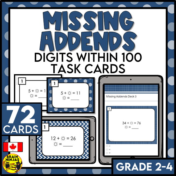 Missing Addends Solving for an Unknown Number Math Task Cards | Paper and Digital