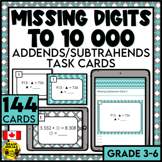 Missing Digits Addition and Subtraction to 100 000 Task Cards | Paper and Digital