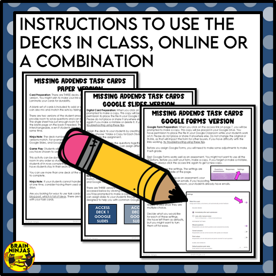 Missing Addends Solving for an Unknown Number Math Task Cards | Paper and Digital