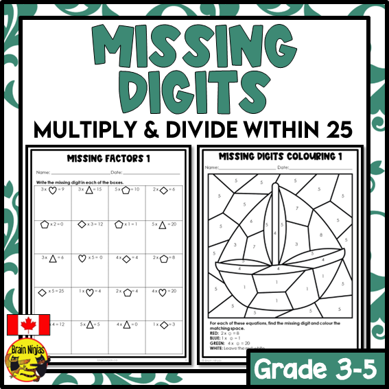 Missing Digits Multiplication and Division Within 25 Math Worksheets | Paper | Grade 3