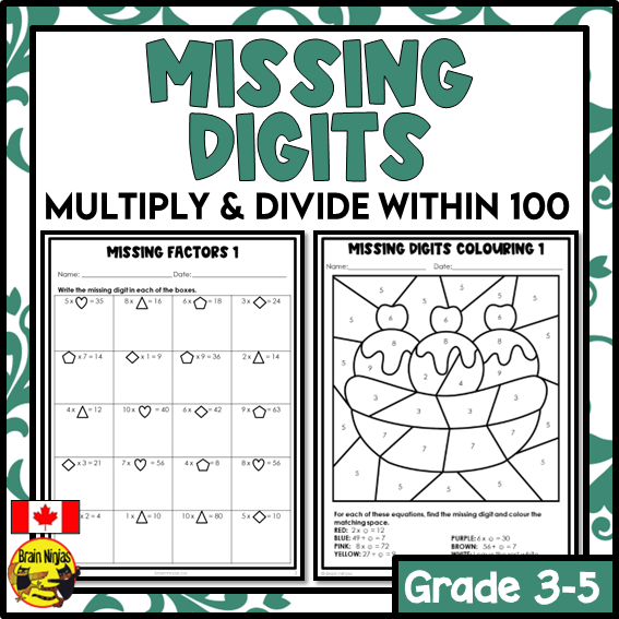 Missing Digits Multiplication and Division Within 100 Math Worksheets | Paper | Grade 3