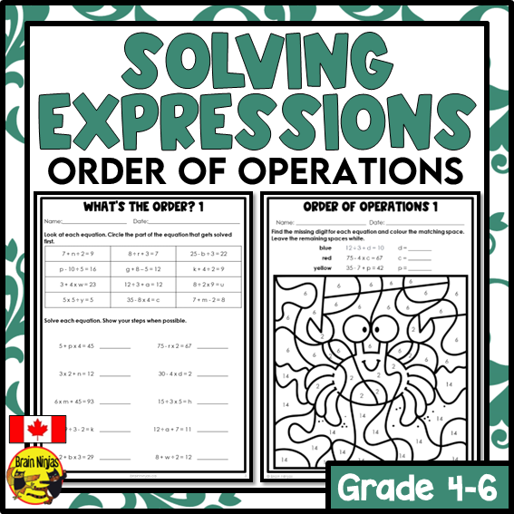 Solving Equations With Variables Using the Order of Operations Math Worksheets | Paper | Grade 4 Grade 6