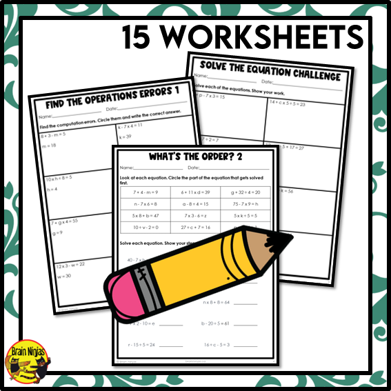 Major Operations Equations Solving Equations With Variables Using the Order of Operations Math Wo ...