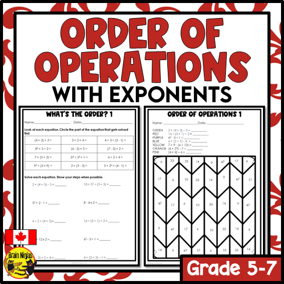 Order of Operations Math Worksheets | Whole Numbers, Parentheses and Exponents | Paper