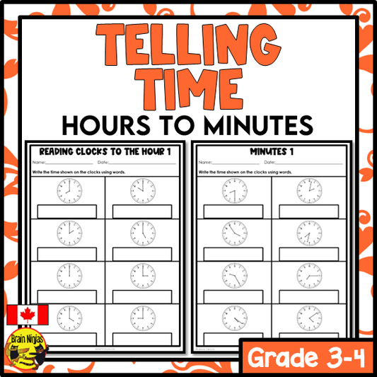 Reading Clocks and Telling Time Hours to Minutes Math Worksheets | Paper