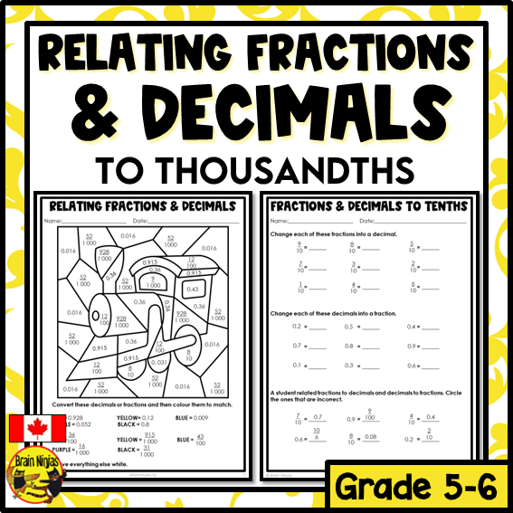 Converting Fractions and Decimals to Thousandths Math Worksheets | Paper | Grade 5