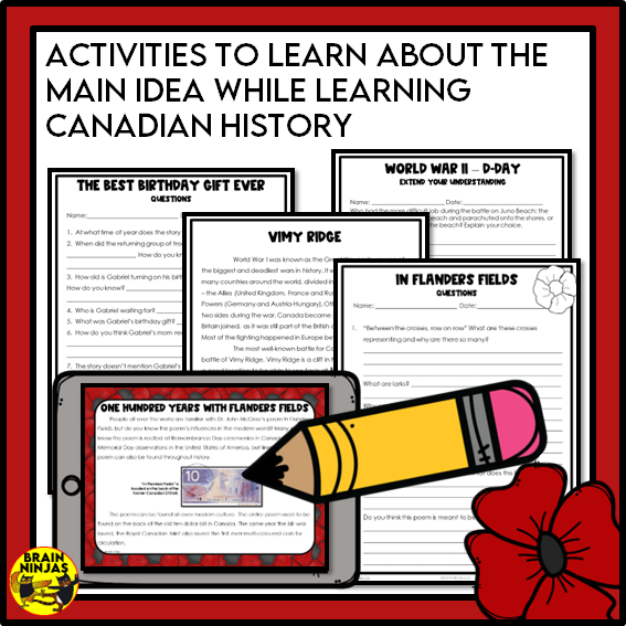 Remembrance Day Bundle Reading Writing Social Studies and Art Activities | Paper and Digital