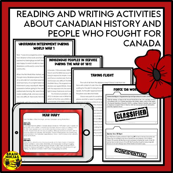 Remembrance Day Bundle Reading Writing Social Studies and Art Activities | Paper and Digital