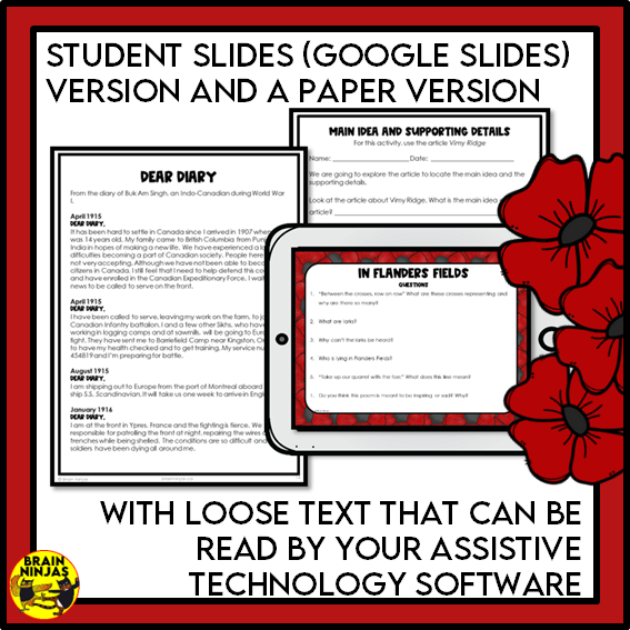 Remembrance Day Bundle Reading Writing Social Studies and Art Activities | Paper and Digital